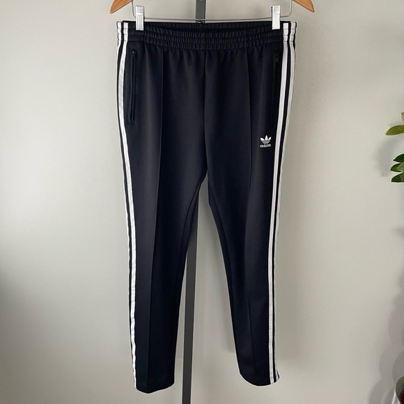 Adidas Track Pants 3 Stripe Zippered Hem & Pockets Pull On Black White Womens - Picture 1 of 7